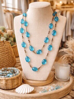 Blue Glass Bead Necklace Hand Linked Rope Coastal Artisan Long Strand Jewelry